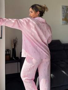 Jeta Ari New Red & White Striped Printed Shirt & Pants Home & Casual 2pcs Outfit - Pink - View 4