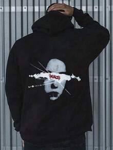 Herren Große Größen Lässig Hoodie, Charakter Grafik Muster, Urbaner Streetstyle, Lässler Sport, Herbst/Winter Kapuzen Langarm Pullover - Schwarz - Übersicht 1