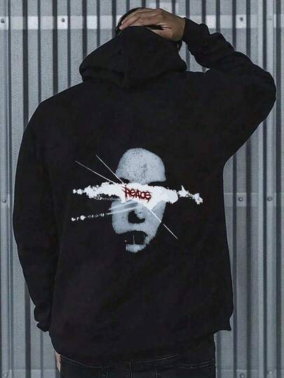 Plus Size Men's Casual Hooded Sweatshirt, Character Graphic Print, Urban Street Style, Leisure Sports, Autumn/Winter Hooded Long Sleeve Pullover