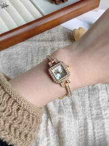1pc Exquisite Women's Rhinestone Fine Watch Strap Square Gold Casual Versatile Quartz Wristwatch, Suitable For Everyday Wear Daily Matching