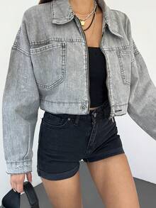 Double Pocket Zip-Up Wash Crop Denim Jacket, Plain Color Casual Sports With Zipper Pockets - Grey - View 4