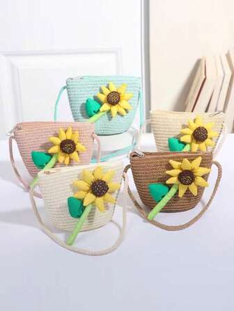 1pc Kids Cute Sunflower Princess Shoulder Crossbody Straw Bag, Suitable For Outings, Travel, Beach, Daily Use