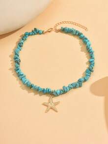 1件夏季波西米亚风格手工天然绿松石锁骨链时尚百搭合金海星吊坠项链，适合女士日常佩戴、节日、派对、音乐节。天然绿松石的形状、大小和图案随机。 - 彩色 - 查看 2