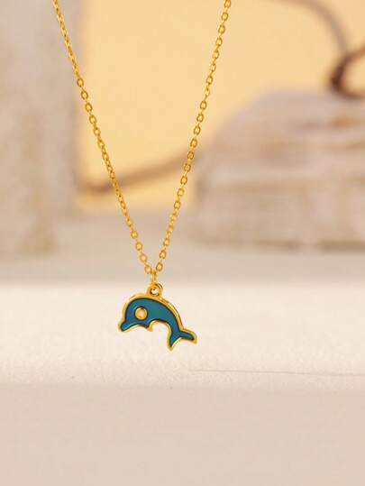 1 pieza Collar con colgante de delfín azul que gotea aceite de playa de verano para mujeres, collares de cadena de acero inoxidable color dorado, nuevos regalos de joyería para parejas 2025