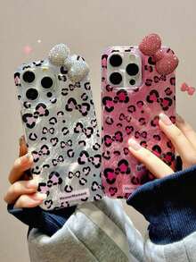 1pc Luxury Rhinestone Leopard Print Bow Phone Case Compatible With 1616 Plus 16 Pro Max 15 14 13 12 11 Pro Max Cute Bowknot Shockproof Cases Waterproof Anti-Fall Scratch Resistant - Hot Pink - View 5