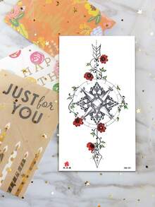 1 张大尺寸人体艺术临时纹身贴纸，适用于女性，线性箭头指南针玫瑰花朵图案，防水假纹身，持续 2-5 天，遮盖疤痕，可用于手臂手腕肩膀腿腰颈部手胸部大腿手指 - 黑色 - 查看 5