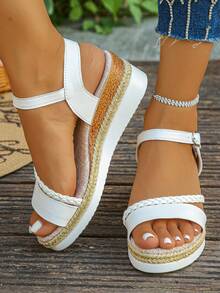 1 Pair Thick Sole Woven Strap Sandals For Teenagers, Summer