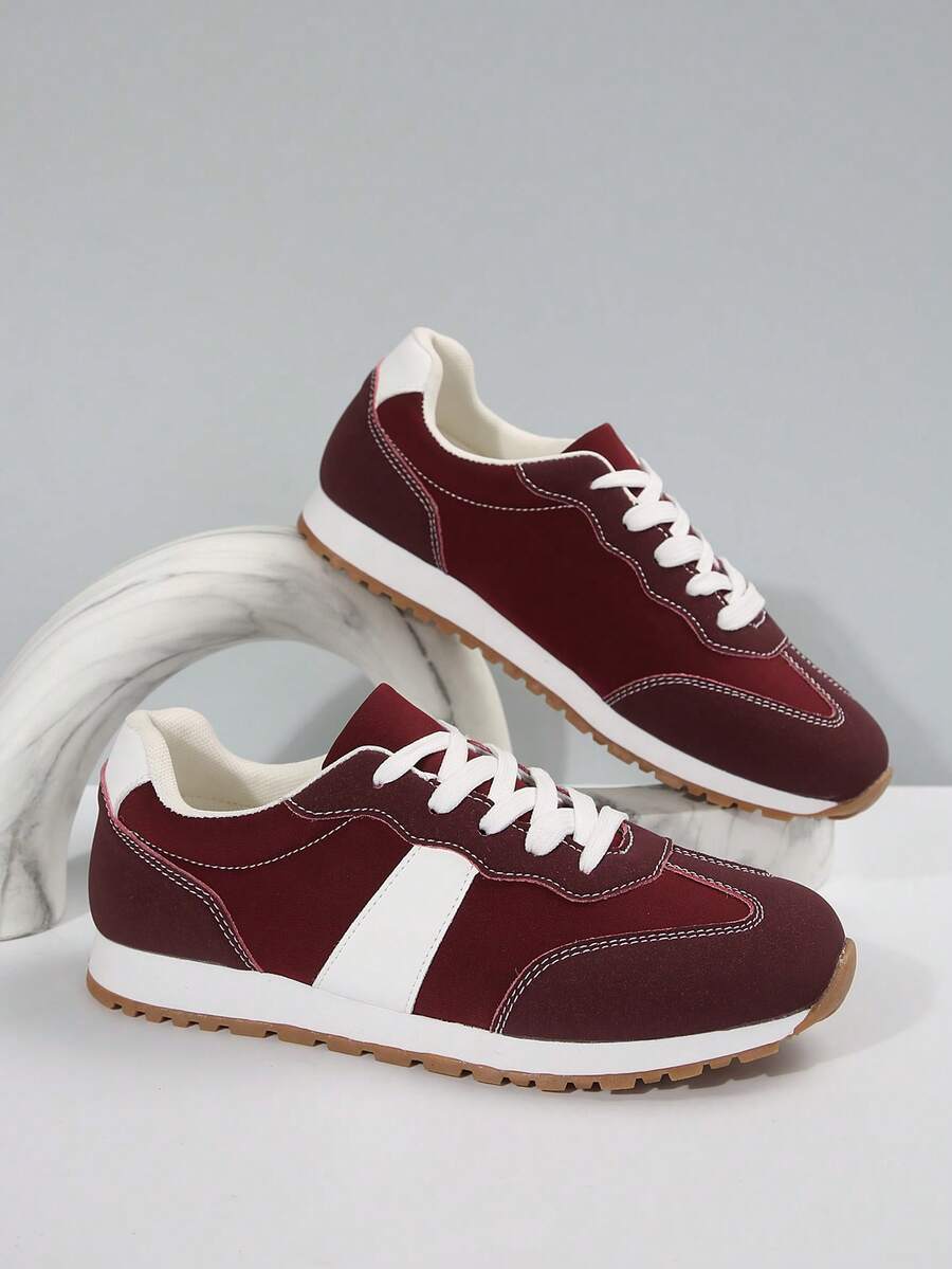 Damen Samt Patchwork Schnürsenkel Vorderseite Dicksohlige Lässig Sneaker, Neue leichte Dicksohlige Agam Schuhe, Outdoor Sport Stil Studentenschuhe für Frühling/Herbst - Bordeaux - Übersicht 1