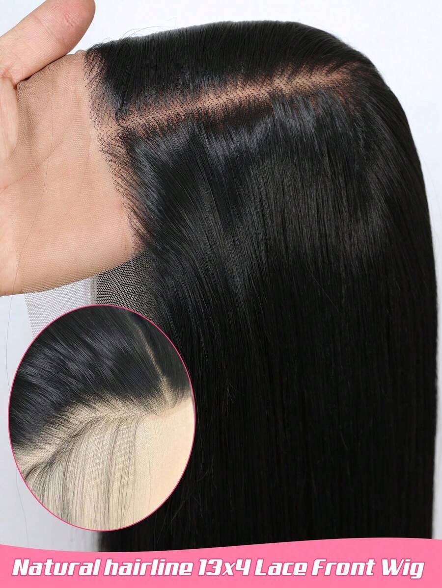Soft 26inch 180%Density Black 13*4 Synthetic Hair Front Lace Wig With Baby Hair Glueless Heat Resistant And Breathable Synthetic Fiber Hair Natural Hairline Free Parting For Party Daily Use - 黑色 - 查看 1