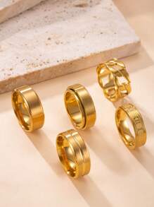 5入組時尚不鏽鋼戒指，簡約黑色羅馬數字戒指，中空旋轉戒指，男士酷炫嘻哈戒指配件