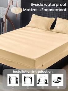 1pc 100% Waterproof 6-Sided Zippered Mattress Protector, Fits9-12 Inches Deep Mattress, Twin, Full, King, Queen Size, Deep Mattress, Breathable & Noiseless, Dustproof Non-Slip, Bedspread, Fitted Sheet, Washable Mattress Encasement, Low Allergenicity, High Quality Zippered Mattress Cover, Ideal Home Gift, Perfect Holiday Gift,Fall Decor,Autumn Decor,Room Decor - 米色(床單高25cm) - 查看 4