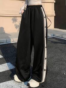 Pantalones deportivos casuales con diseño de estrella patchwork y rayas laterales estilo - Blanco y Negro - Ver 6