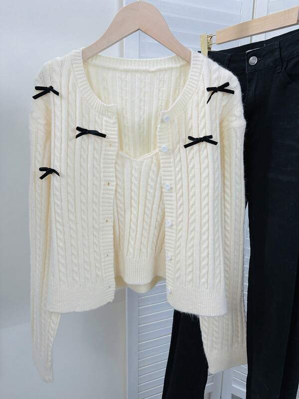 2 Pieces Set Early Autumn New Slouchy Style Cable Knit Cardigan For Women