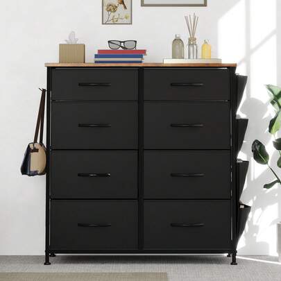 BALCONERA Chest Of Drawers, Compact 8 Drawers With Side Pockets & Hooks, Bedroom Cabinet With Steel Frame, Fabric Dresser & Wood Top, Storage Unit For Bedroom, Living Room