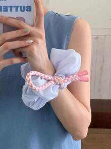 1 件甜美学院风粉色和蓝色格子蝴蝶结装饰发圈，蓬松云朵马尾辫固定发圈，发圈，发圈，洗脸，发饰