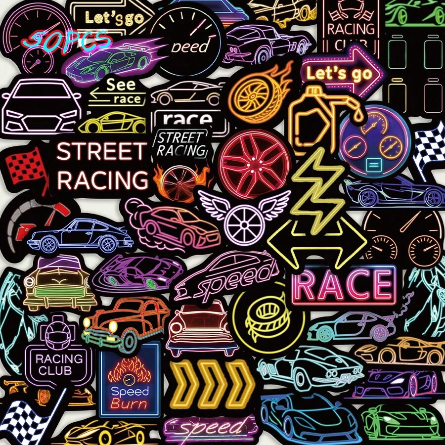 SCXXBSW 50pcs Neon Racing Stickers DIY Decoration Luggage Guitar Notebook Creative Fun Cartoon Waterproof Stickers - Multicolor - View 1