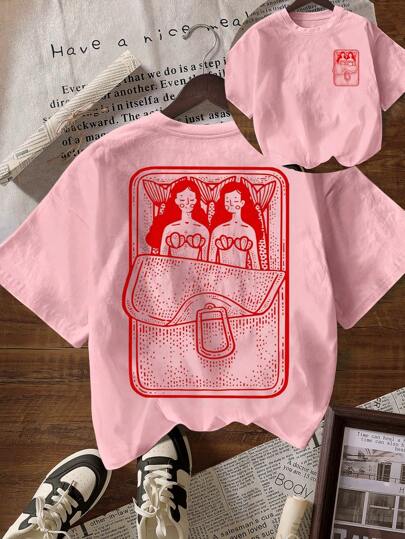 Camiseta feminina casual gola redonda manga curta, clube social de verão sereia sardinha, temporada de volta às aulas