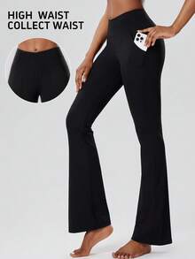 1pc Yoga Sports Flare Pants, Cross Waist 4-Way Stretch Tight Dance Wide Leg Yoga Pants With Pockets, Women Outdoor Casual Sports High Waist Shaping Flare Tight Yoga Pants