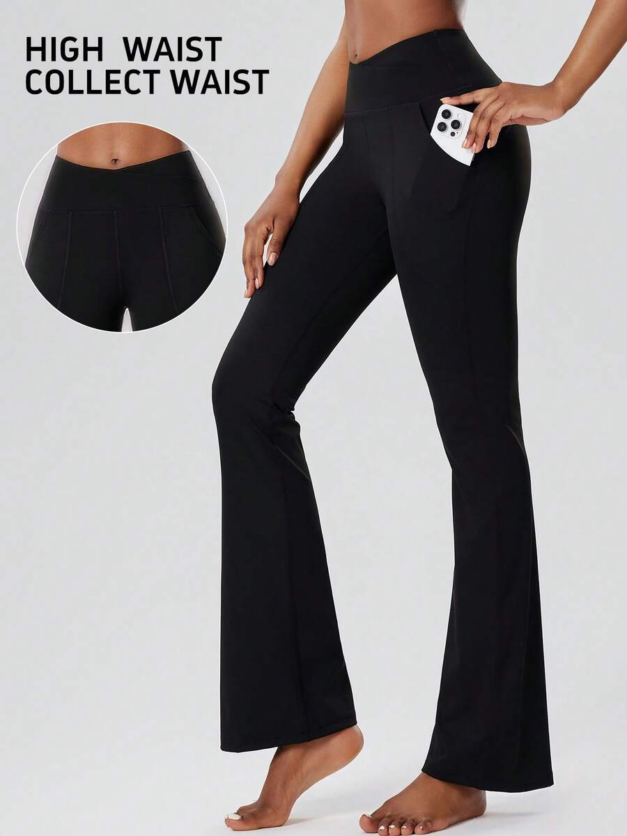 1pc Yoga Sports Flare Pants, Cross Waist 4-Way Stretch Tight Dance Wide Leg Yoga Pants With Pockets, Women Outdoor Casual Sports High Waist Shaping Flare Tight Yoga Pants