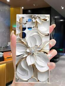 1 件时尚白色金属花透明软保护手机壳适用于三星 Galaxy A04e/12/A13/A14/A34/A50/A52/A53/A54/S21/S22/S23/S24/S25/S25 超防水防震防摔防刮