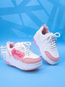 儿童轮滑鞋 4 轮可拆卸系带运动鞋户外轮滑鞋适合男童女童学生，适合休闲、中童和大童 - 粉色 - 查看 7