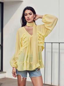 Women's Autumn Sheer Mesh Tops Long Sleeve V Neck Ruffle Trim T-Shirt With Scarf - Yellow - View 1