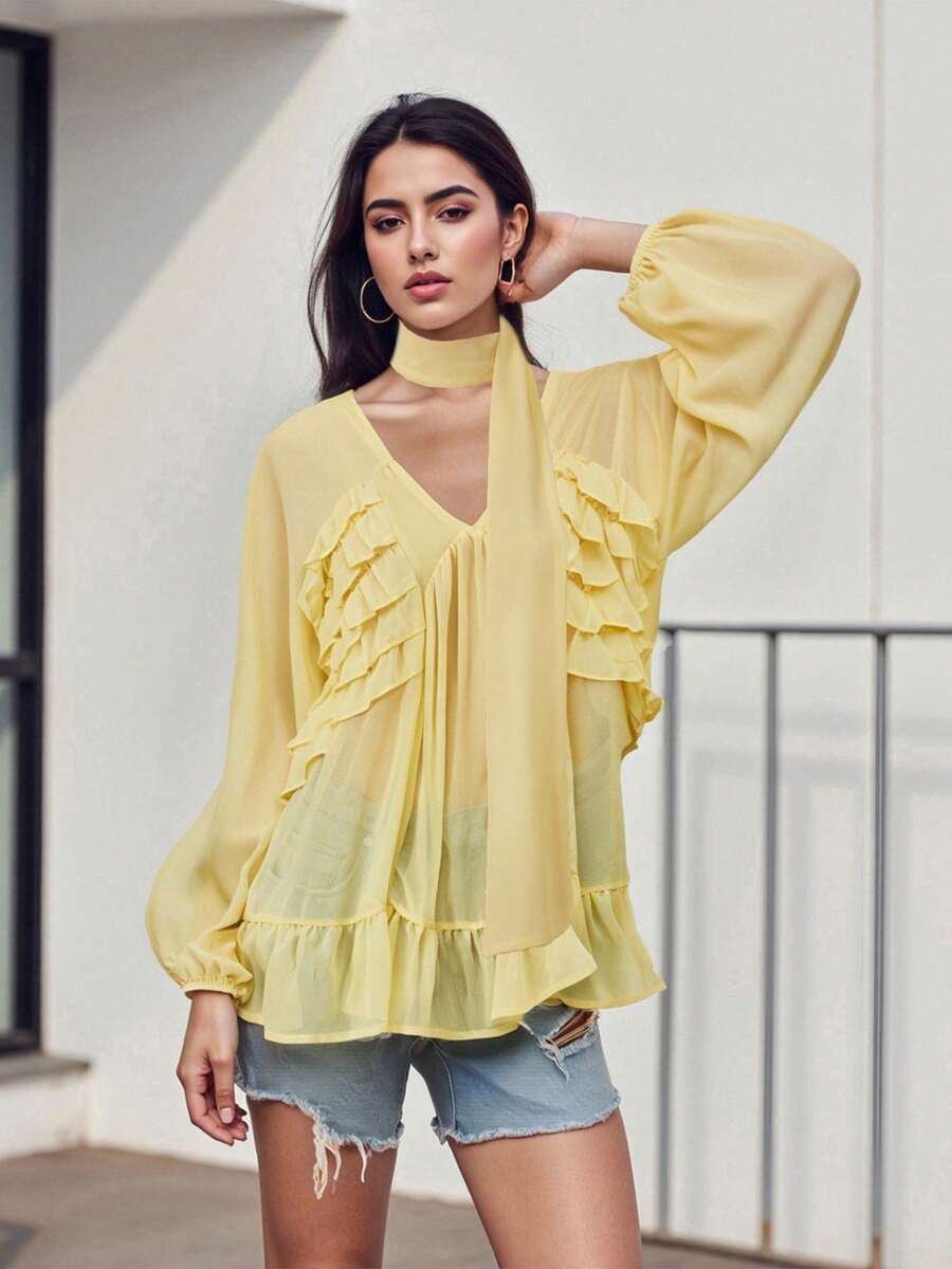 Women's Autumn Sheer Mesh Tops Long Sleeve V Neck Ruffle Trim T-Shirt With Scarf - Yellow - View 1