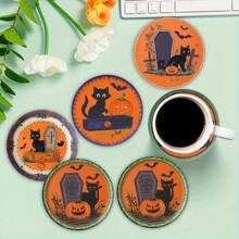 1 Set /4 Pieces /6 Pieces: Halloween Black Cat Pattern Diatom Mud Coasters, Floral Coffee Coasters, Multi-Occasion Decoration For Home And Restaurant, Daily Gifts, Table Decoration, Daily Decoration, Theme Party Decoration