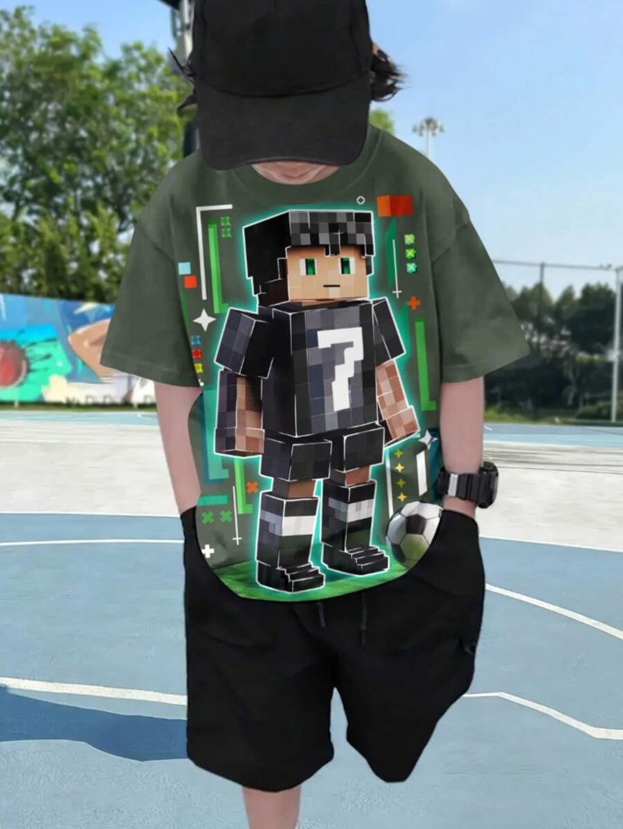 Casual Fashionable Cartoon & Cool Design Round Neck Short Sleeve T-Shirt, Children's Outdoor Clothing, Best-Selling Item - Army Green - View 1