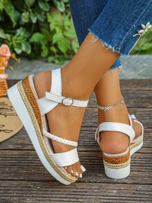 1 Pair Thick Sole Woven Strap Sandals For Teenagers, Summer