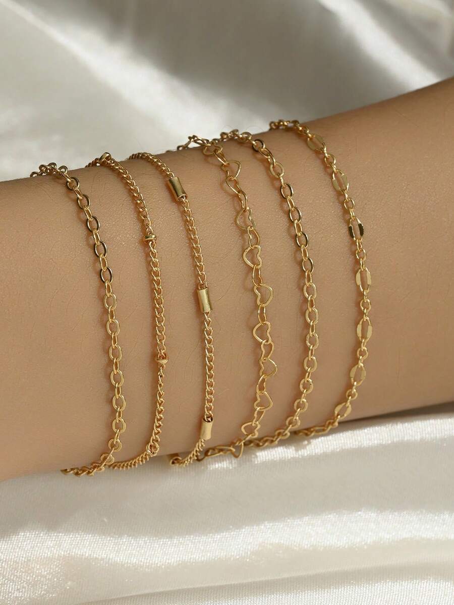 5 件不锈钢心形串珠多层手链套装，日常、工作、派对、男女通用的时尚配饰（珠子数量随机） - 金黃色 - 查看 1