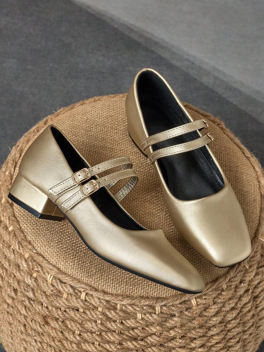 MonaNise 女士3厘米布面包跟黑色时尚百搭玛丽珍低跟粗跟优雅平底鞋，另有藏蓝色、咖啡色、酒红色可选 - 金色 - 查看 1