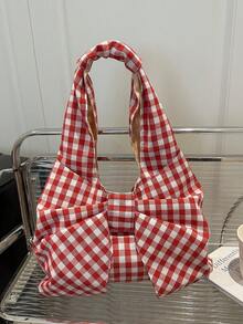 Women's Checkered Bow Decoration Shoulder Underarm Bag, Sweet And Cool Outdoor Vacation Travel Bag, Multifunctional Daily Commuting Shopping Shoulder Bag, Casual Cell Phone Coin Storage Bag, Cute Bow Bag For Women , Bow