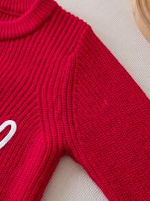 Girls' Cute Solid Color Letter Embroidery Knit Pullover Sweater, Suitable For Daily, Vacation, Spring, Autumn, Winter