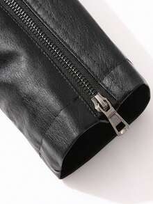 Chaqueta de cuero de motocicleta con forro térmico grueso para hombre talla grande, cuello, bolsillos con cremallera, para invierno - Negro - Ver 6