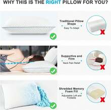 Cooling Bed Pillows Set Of 2, Shredded Memory Foam Pillows With Gel, Adjustable Firmness For Side, Back, Stomach Sleepers, 20x26, White,8643979