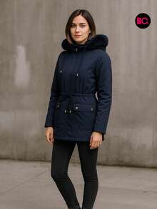 Cazadora para mujer en varios colores con capucha y forro afelpado, cazadora térmica casual elegante de invierno con bolsillos frontales, ajuste en cintura y cierre frontal, abrigo largo cálido estilo parka para clima frío - Azul Marino - Ver 3