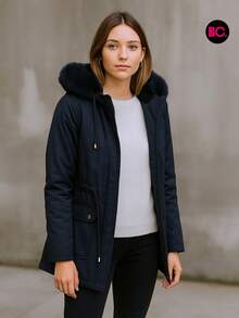 Cazadora para mujer en varios colores con capucha y forro afelpado, cazadora térmica casual elegante de invierno con bolsillos frontales, ajuste en cintura y cierre frontal, abrigo largo cálido estilo parka para clima frío - Azul Marino - Ver 2