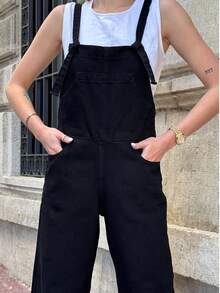 Denim Twill Jumpsuit With Casual Lace-Up Pockets And Button Closure - Black - View 3