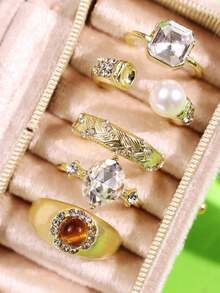 4pcs/Set Fashionable Versatile Sparkling Luxurious Pearl & Rhinestone Ring Set, Elegant Jewelry For Women, Suitable For Daily, Work, Holidays - Multicolor - View 4