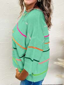 Acelitt Four Season Applicable Color Blocked Striped Seven Quarter Sleeve Off Shoulder Ribbed Round Neck Casual Knitted Top