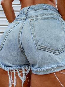 Women's Street Style Non-Stretch Distressed Button Fly Denim Shorts, Versatile Casual Fit For Spring/Summer - Light Wash - View 4