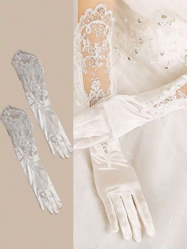 1 Pair White Long Lace Hollow Out Sequins Embroidered Wedding Gloves Finger Wrap Dress Wedding Accessories