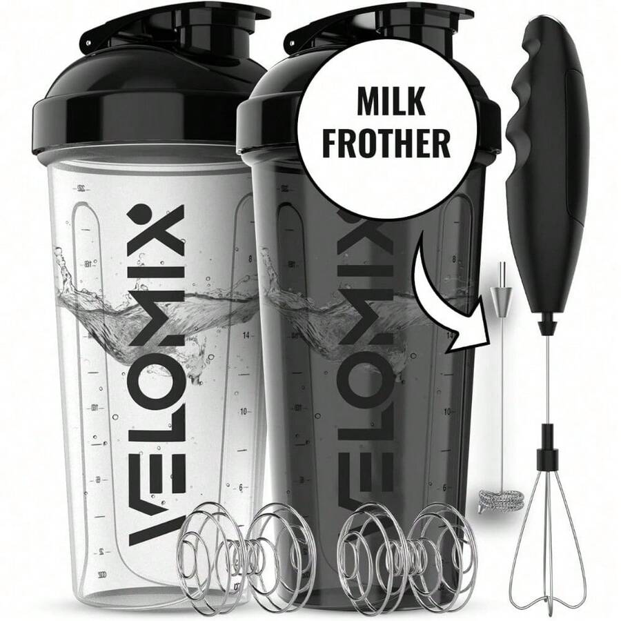 2-Pack 28oz/830ml Premium Shaker Bottles With 4 Stainless Steel Balls - Leakproof Mixer Cups For Protein, Smoothies & Meal Replacement - Gym, Office, Travel & Home Use - Blue & Clear Combo With Measurement Marks - 提升起泡器 - 查看 1