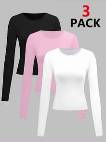 3 Pack Womens Crop Workout Tops Women Pack Summer Gym Athletic Compression Undershirts Cute Tight Basic Tops Tee - Pink+Black+White - View 2