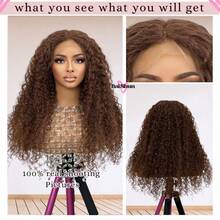 200% 密度假发，4x4 无胶蕾丝闭合假发，即插即用；5x5 蕾丝闭合假发；女士假发；巧克力棕色杰瑞卷发真人发混纺假发；13x6 蕾丝前假发；巴西原生发假发；深卷发；13x4 高透明蕾丝前假发；200% 密度，自然发际线，适合日常佩戴，优雅款式（8-34 英寸） - 棕色 - 查看 3
