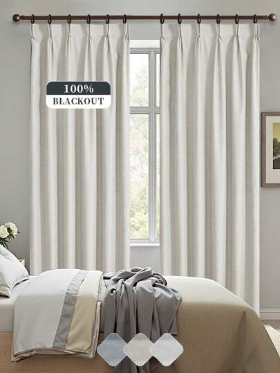 1pc Solid Color Linen Blackout Curtain With Coating Insulation Lining, Top Hooks Design, Heat Insulation & Blackout, Suitable For Living Room, Bedroom, Balcony, Etc.