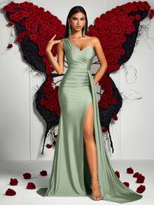 ADYCE 不对称领口、褶皱腰身、高开衩长裙、前幅垂褶设计、露背剪裁，完美适用于盛大晚宴、优雅晚宴、婚礼宾客着装、毕业典礼和正式晚宴等正式场合。 - 綠色 - 查看 7