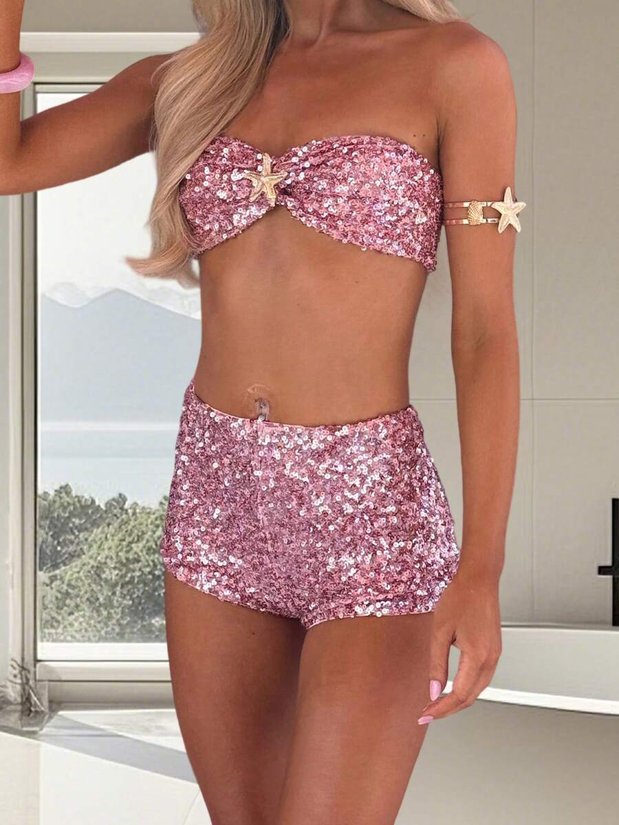 Women Sequin 2 Piece Rave Outfits Sparkly Bandeau Top And Shorts Set Party Clubwear - Hồng - Xem 1