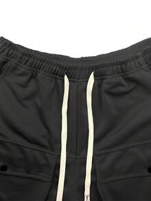 男性用のカジュアルなウエストバンド付きマルチポケットカーゴパンツ - 耐久性のある非伸縮性ニット生地、日常着、アーバンストリートウェア、アウトドアアクティビティに適しており、ルーズフィット、機能的なウェアです。 - ブラック - チェックする 4